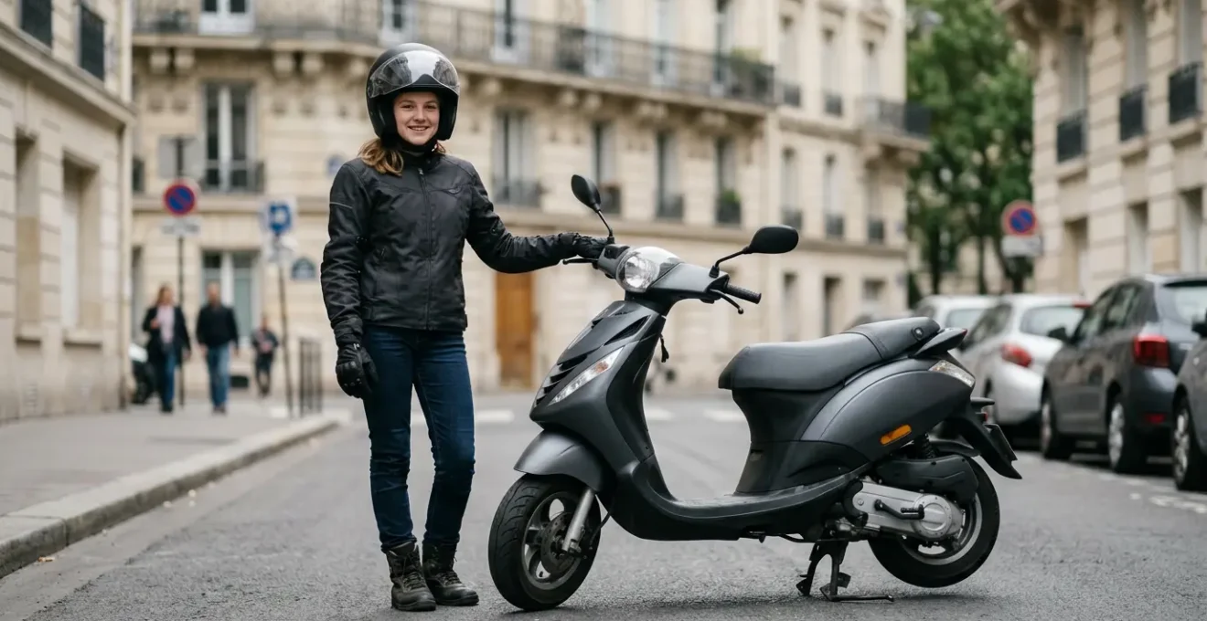 Jeune adolescent de 14 ans en équipement complet de sécurité à côté de son scooter 50cc en agglomération urbaine française