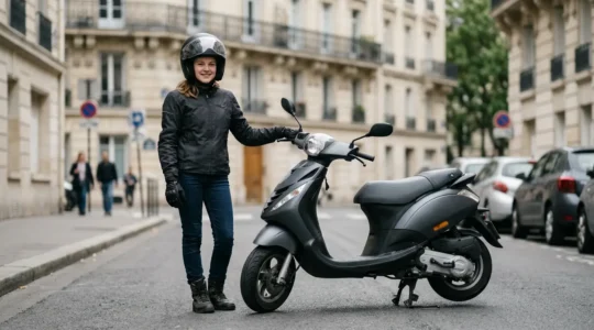 Jeune adolescent de 14 ans en équipement complet de sécurité à côté de son scooter 50cc en agglomération urbaine française
