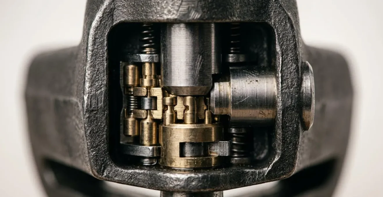 Gros plan macro sur un dispositif antivol moto certifié avec détails métalliques et textures de sécurité