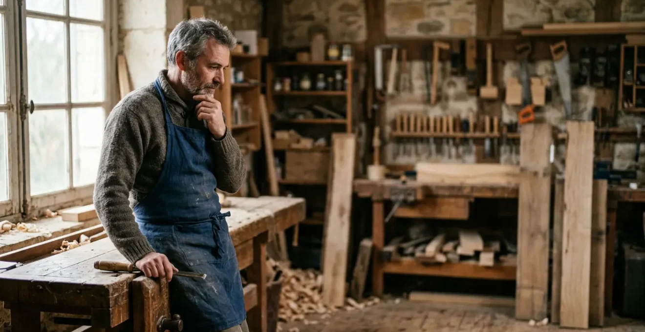 Artisan français préparant sa retraite avec documents financiers