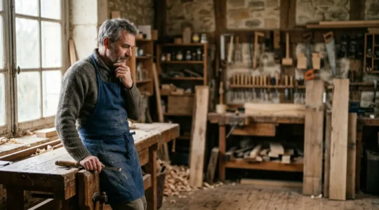 Artisan français préparant sa retraite avec documents financiers