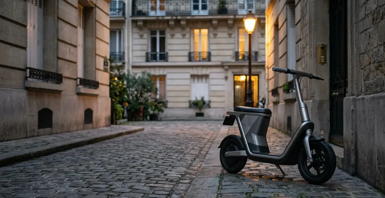 Scooter électrique garé dans un environnement urbain sécurisé illustrant les enjeux d'assurance