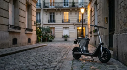 Scooter électrique garé dans un environnement urbain sécurisé illustrant les enjeux d'assurance