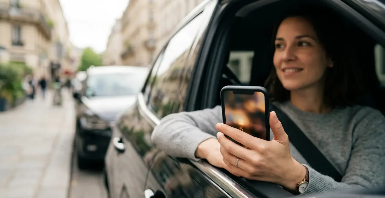 Smartphone affichant une attestation d'assurance véhicule numérique, avec une voiture moderne en arrière-plan