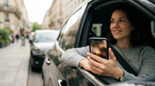 Smartphone affichant une attestation d'assurance véhicule numérique, avec une voiture moderne en arrière-plan