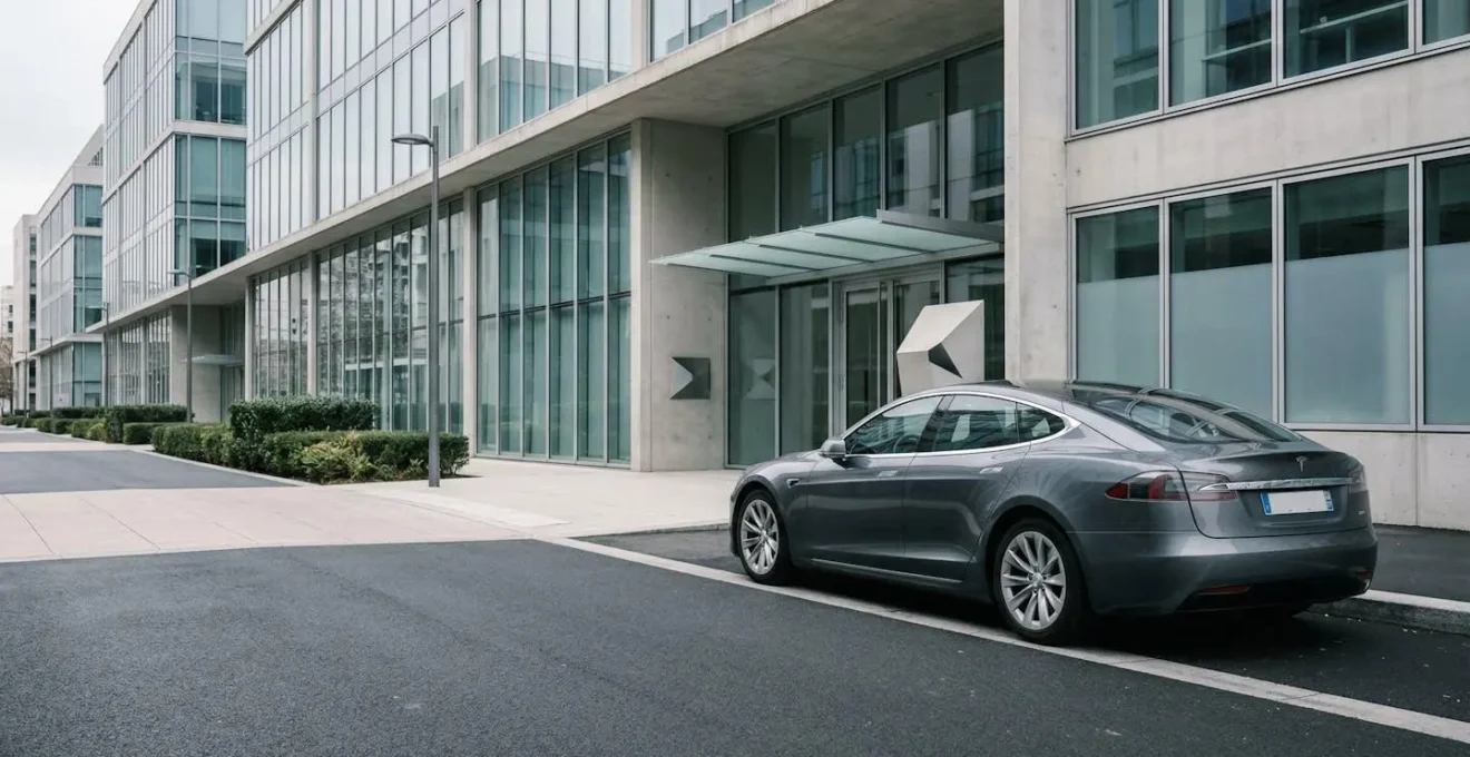 Berline électrique haut de gamme stationnée devant un immeuble d'entreprise moderne