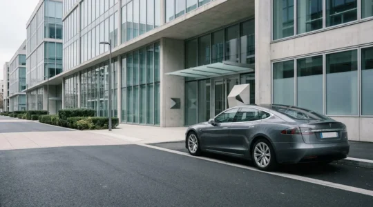 Berline électrique haut de gamme stationnée devant un immeuble d'entreprise moderne