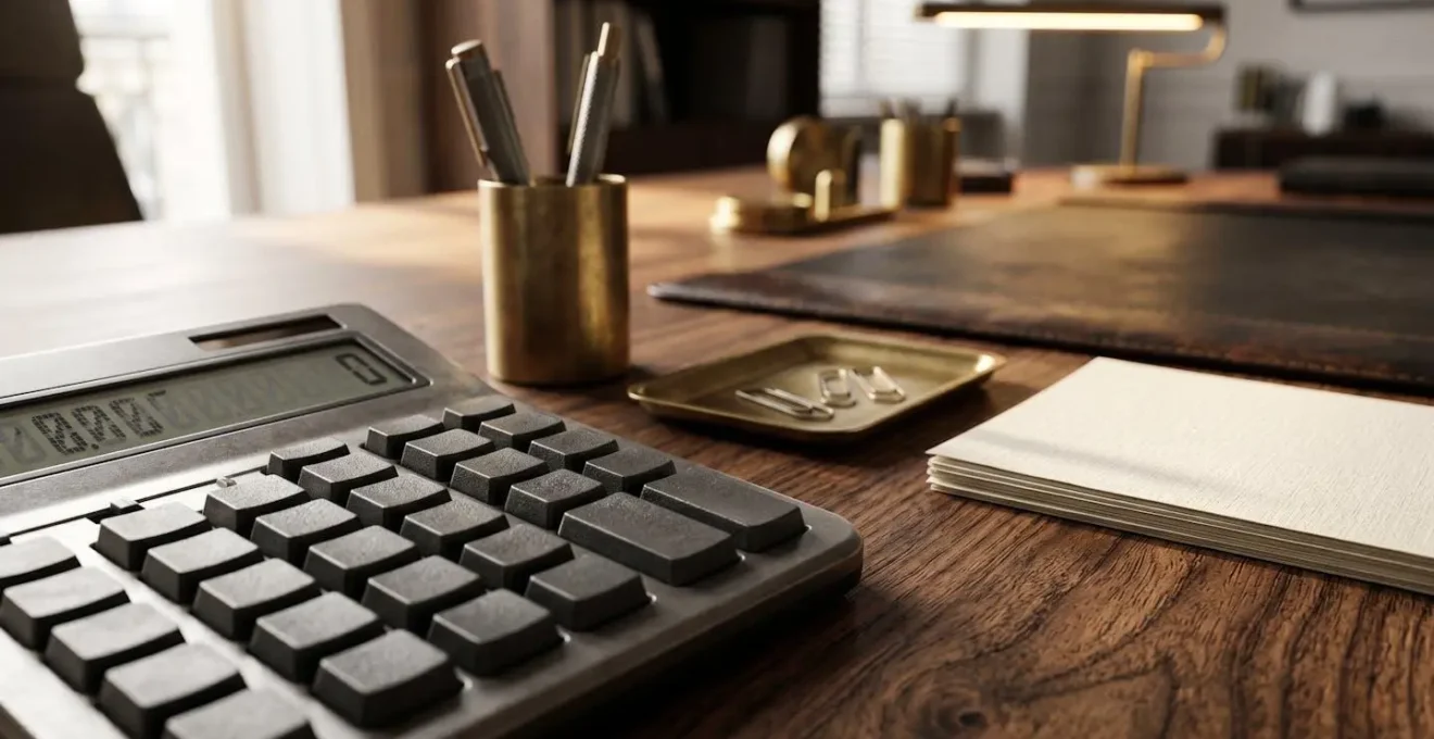 Calculatrice et documents financiers illustrant le calcul des charges fixes d'un cabinet d'avocats