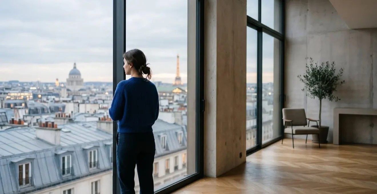 Vue grand angle minimaliste d'un jeune adulte contemplant l'horizon depuis un espace ouvert symbolisant l'avenir et la vision long terme