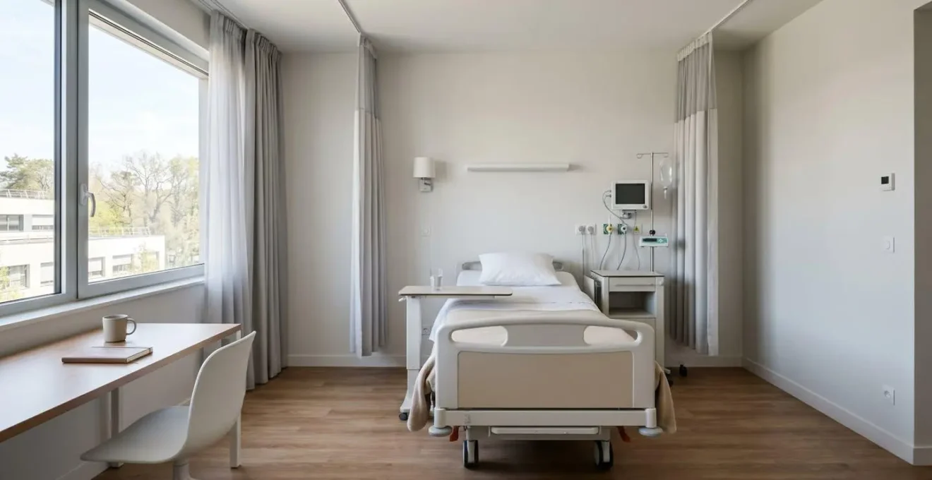 Chambre d'hôpital individuelle moderne avec espace de travail pour un professionnel indépendant