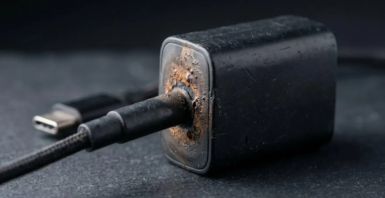 Gros plan sur un chargeur universel générique présentant des signes de surchauffe