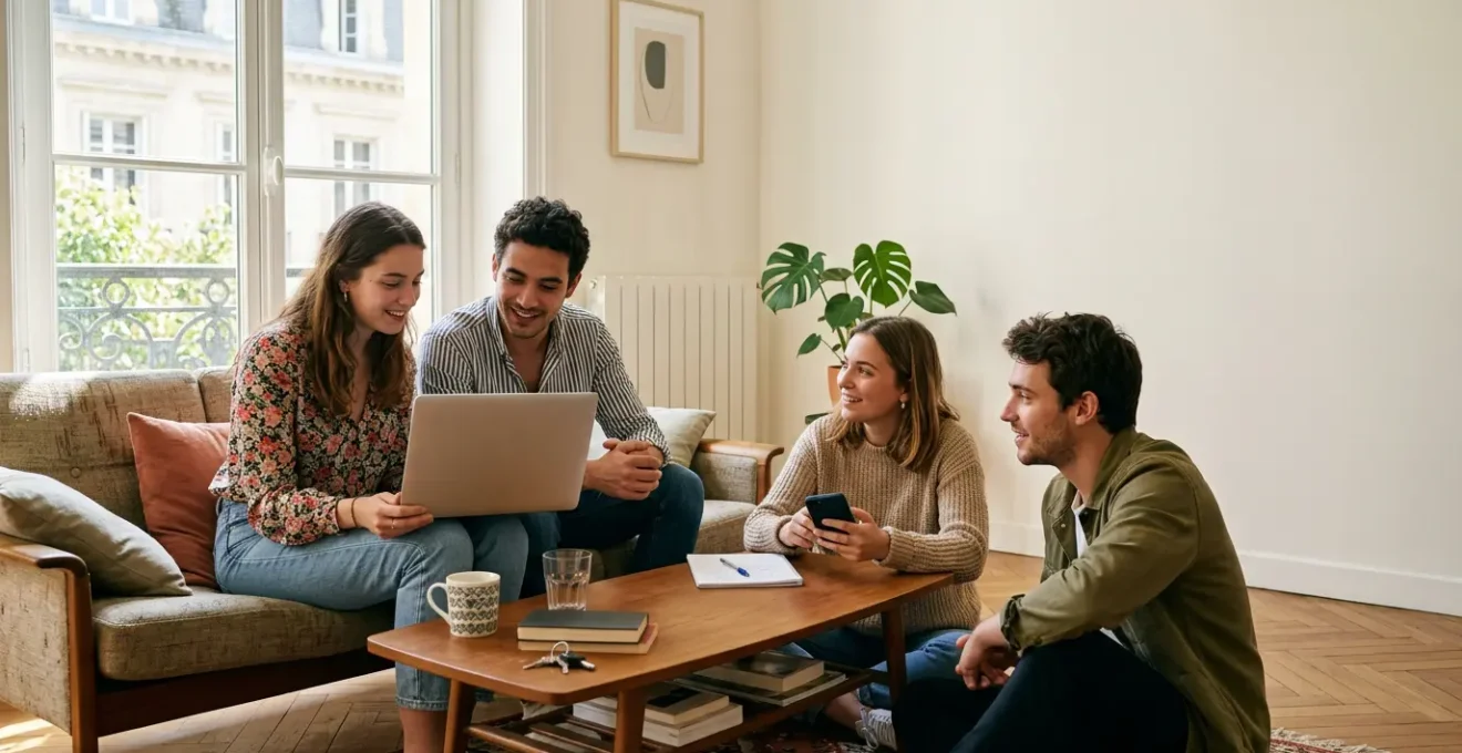 Quatre étudiants dans un appartement T4 meublé en France discutant ensemble dans un espace de vie partagé lumineux