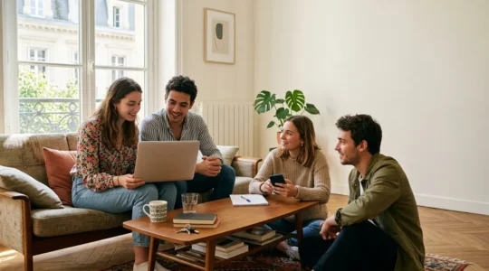Quatre étudiants dans un appartement T4 meublé en France discutant ensemble dans un espace de vie partagé lumineux
