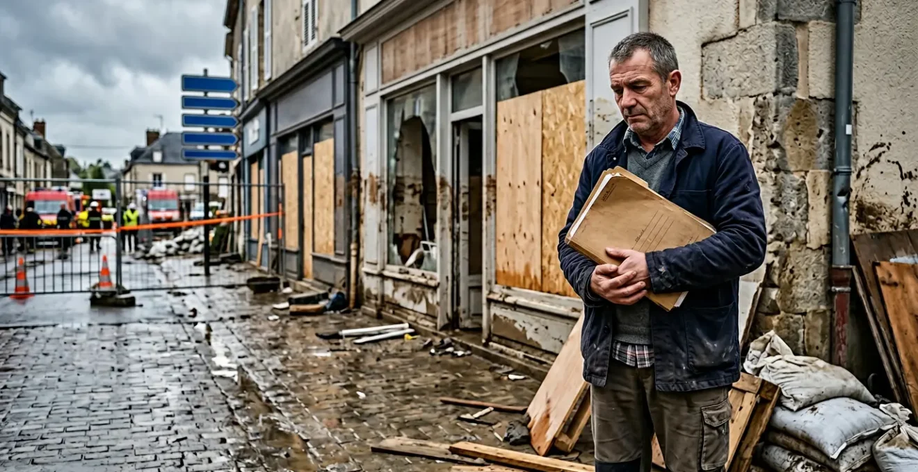 Commerçant face à son local inondé suite à une catastrophe naturelle en France
