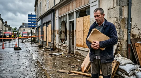 Commerçant face à son local inondé suite à une catastrophe naturelle en France