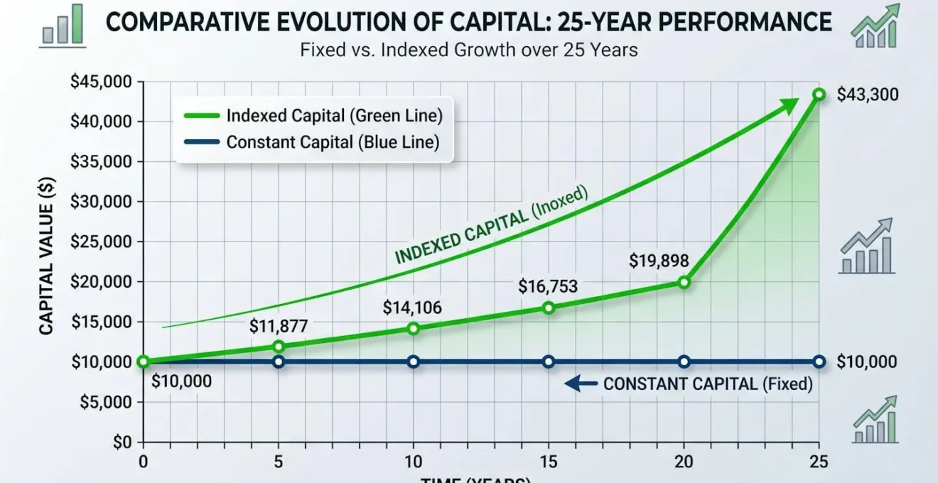 Représentation visuelle de l'évolution comparative entre capital constant et capital indexé sur 25 ans