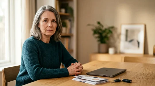 Personne recherchant une assurance automobile après une situation difficile avec documents et écran d'ordinateur