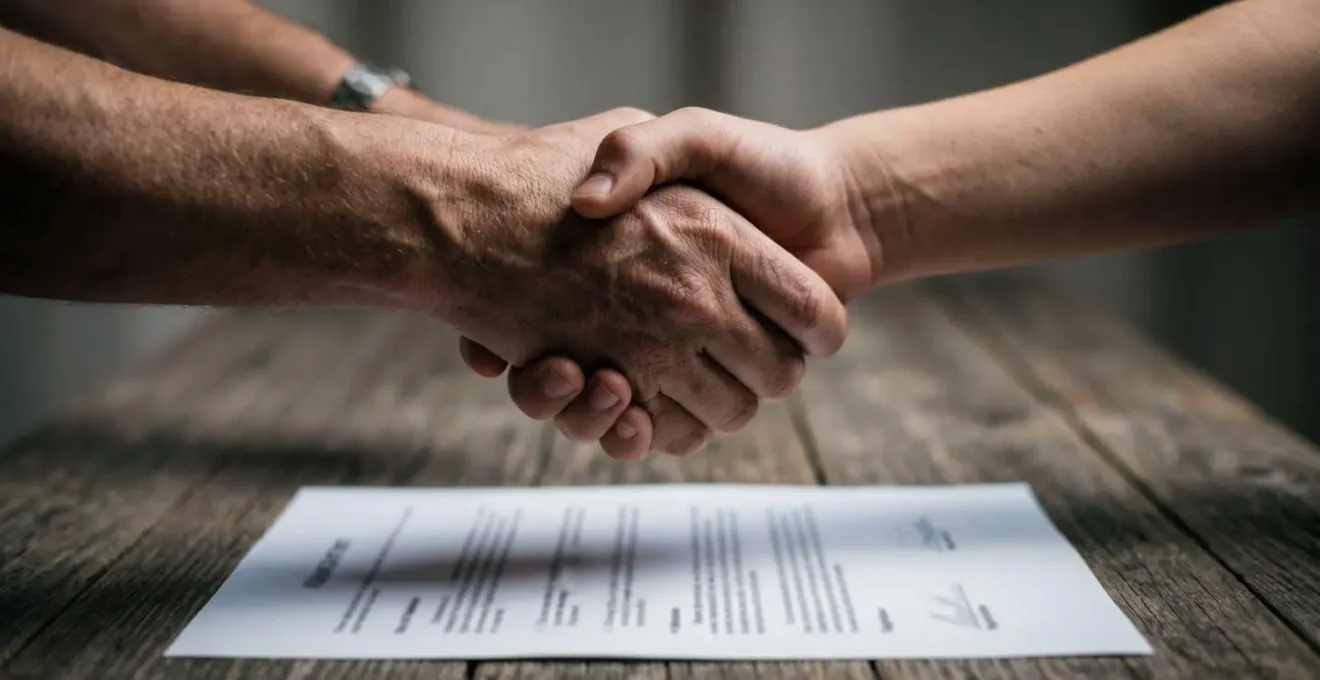 Deux mains - une adulte et une adolescente - se serrant symboliquement au-dessus d'un document contractuel familial