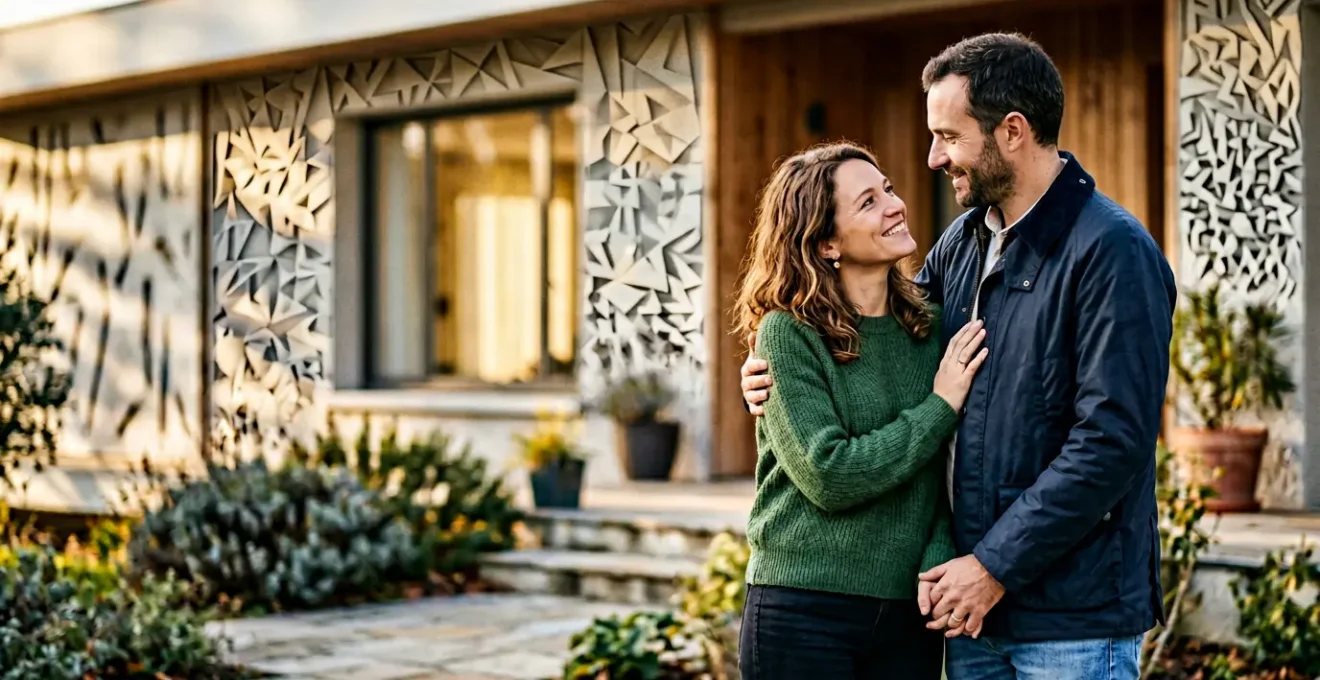 Couple français devant leur maison avec symboles de protection financière et sécurité patrimoniale