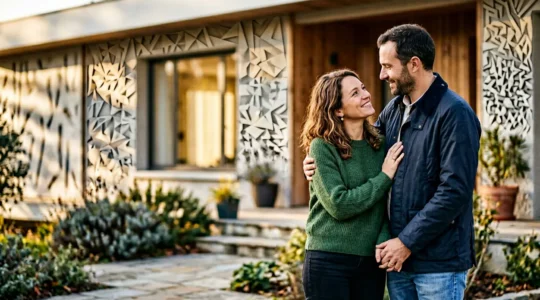 Couple français devant leur maison avec symboles de protection financière et sécurité patrimoniale