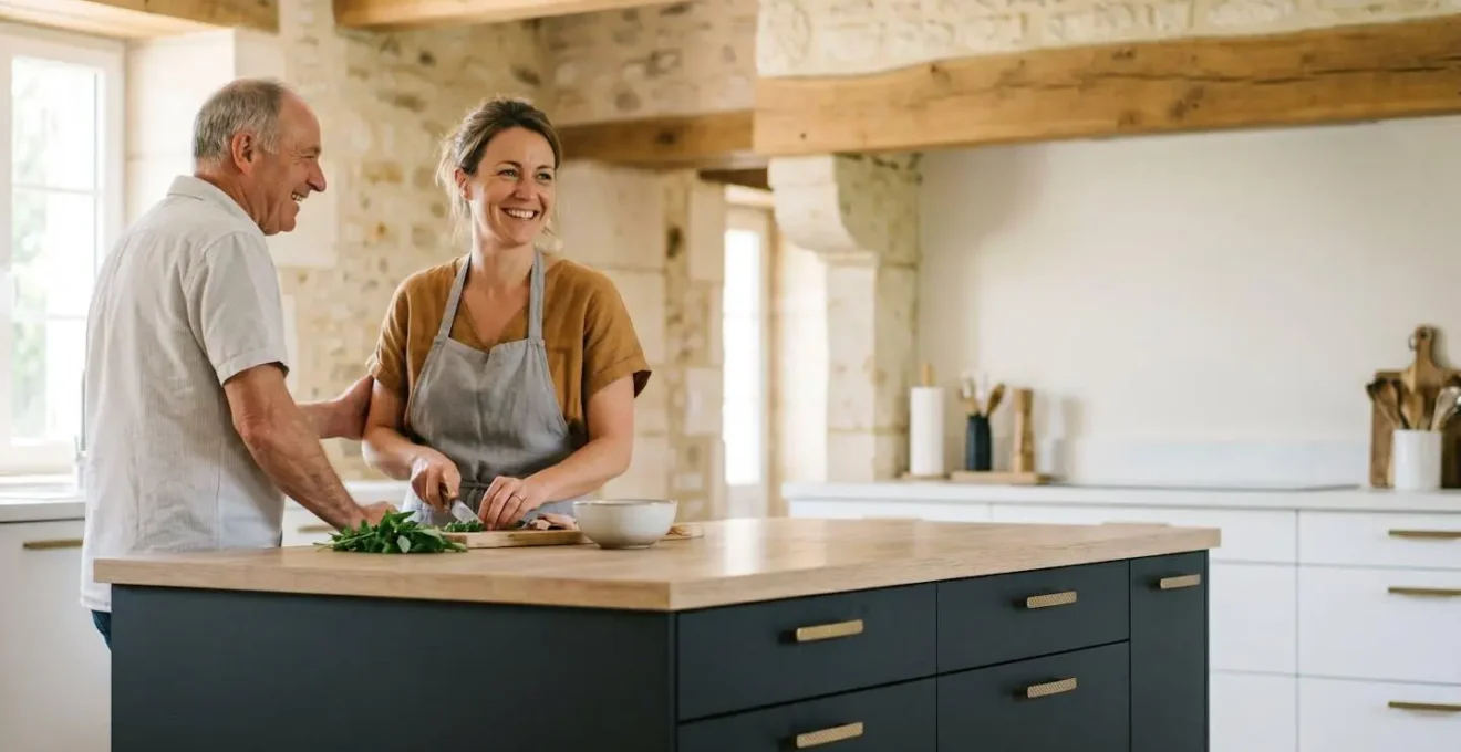 Cuisine contemporaine intégrée dans une maison ancienne rénovée avec poutres apparentes