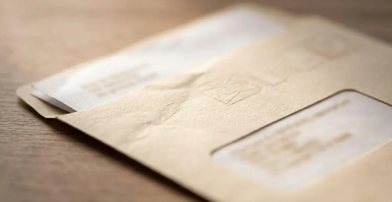 Enveloppe de lettre recommandée avec documents administratifs pour déclaration d'attestation AM auprès de l'assureur