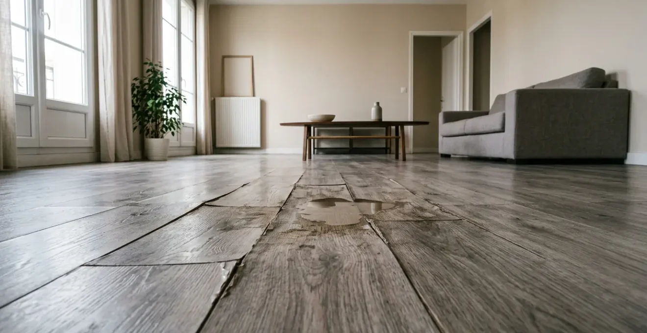 Parquet flottant endommagé par infiltration d'eau dans un appartement français