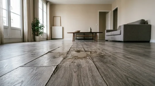 Parquet flottant endommagé par infiltration d'eau dans un appartement français