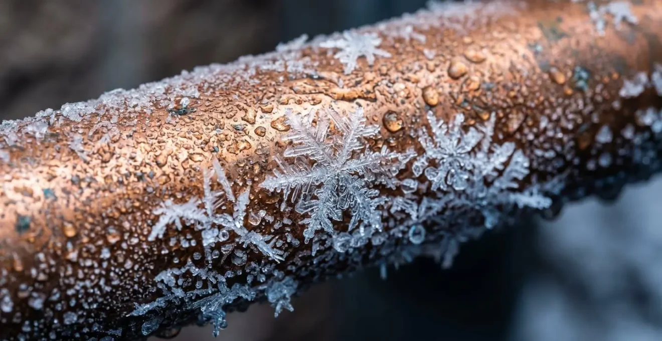 Gros plan macro sur des gouttes d'eau gelées sur une tuyauterie métallique avec texture de givre, illustrant les dégâts du gel dans une résidence secondaire