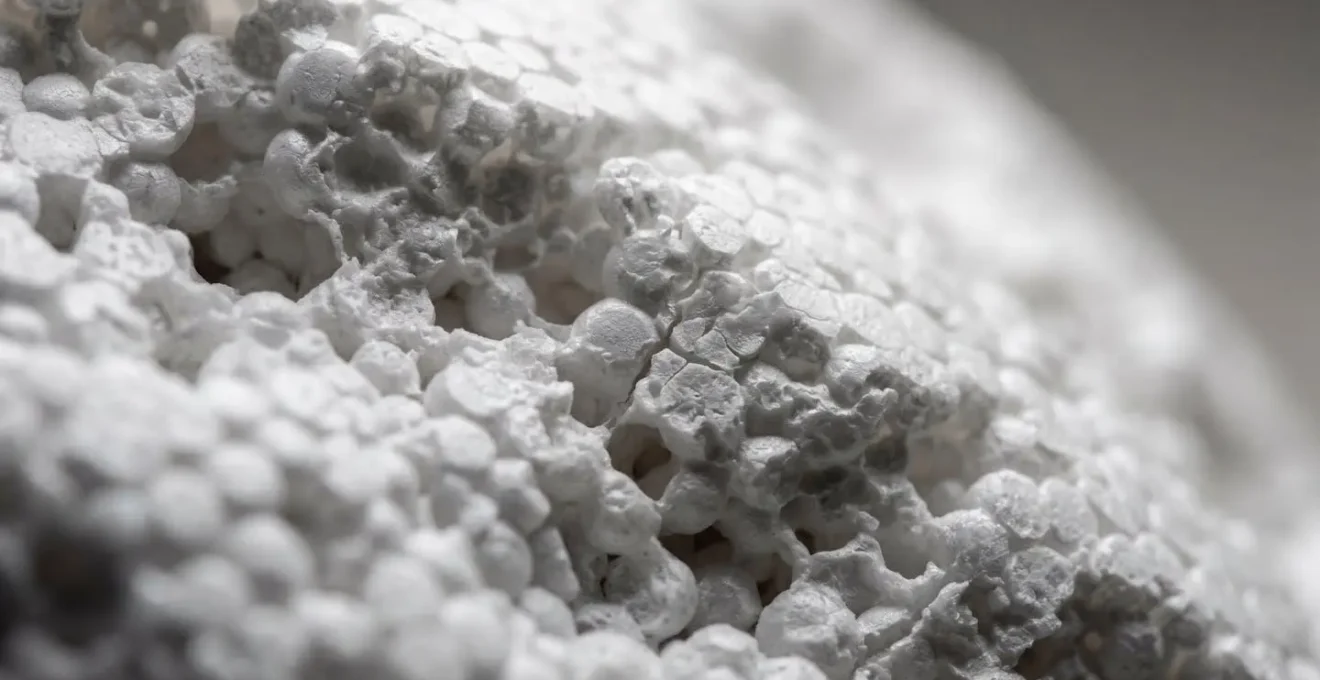 Vue macro extreme du polystyrene interne d un casque moto revelant microstructure et deformation invisible