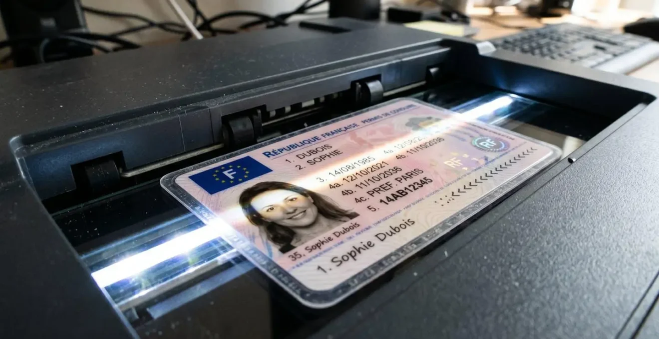 Gros plan macro sur les détails d'un permis de conduire français moderne en cours de numérisation
