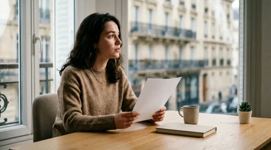 Jeune travailleur consultant son premier contrat de travail dans un environnement minimaliste évoquant un nouveau départ professionnel