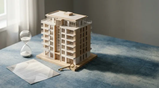 Investisseur consultant des documents d'assurance pour protéger son patrimoine immobilier pendant une période de vacance