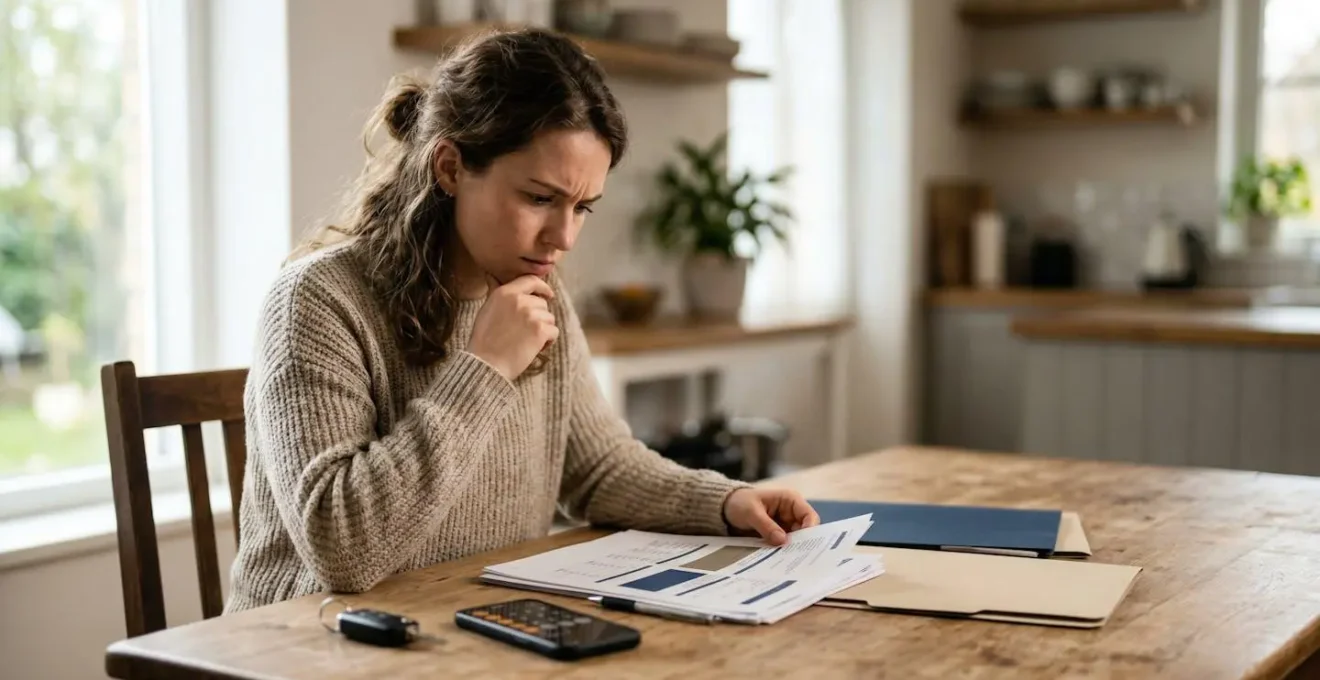 Jeune conducteur consultant des documents d'assurance automobile avec un budget limité