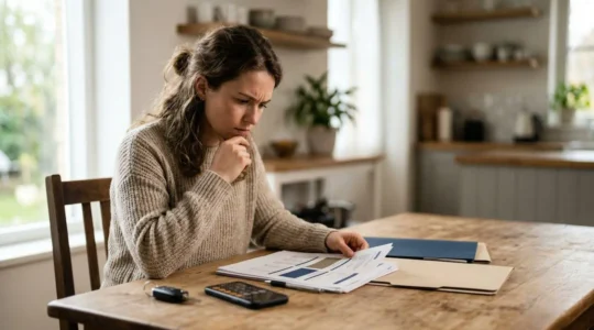 Jeune conducteur consultant des documents d'assurance automobile avec un budget limité