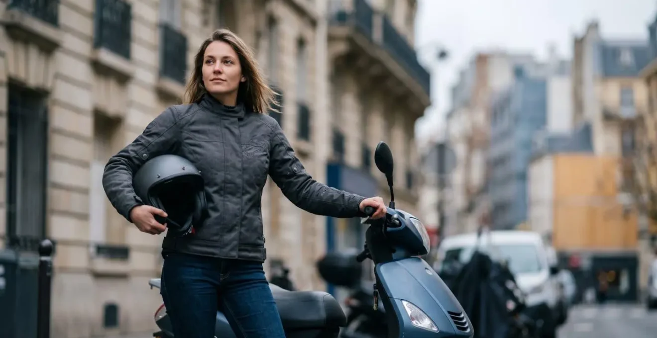 Portrait d'un jeune conducteur de scooter en équipement de sécurité complet dans un environnement urbain parisien