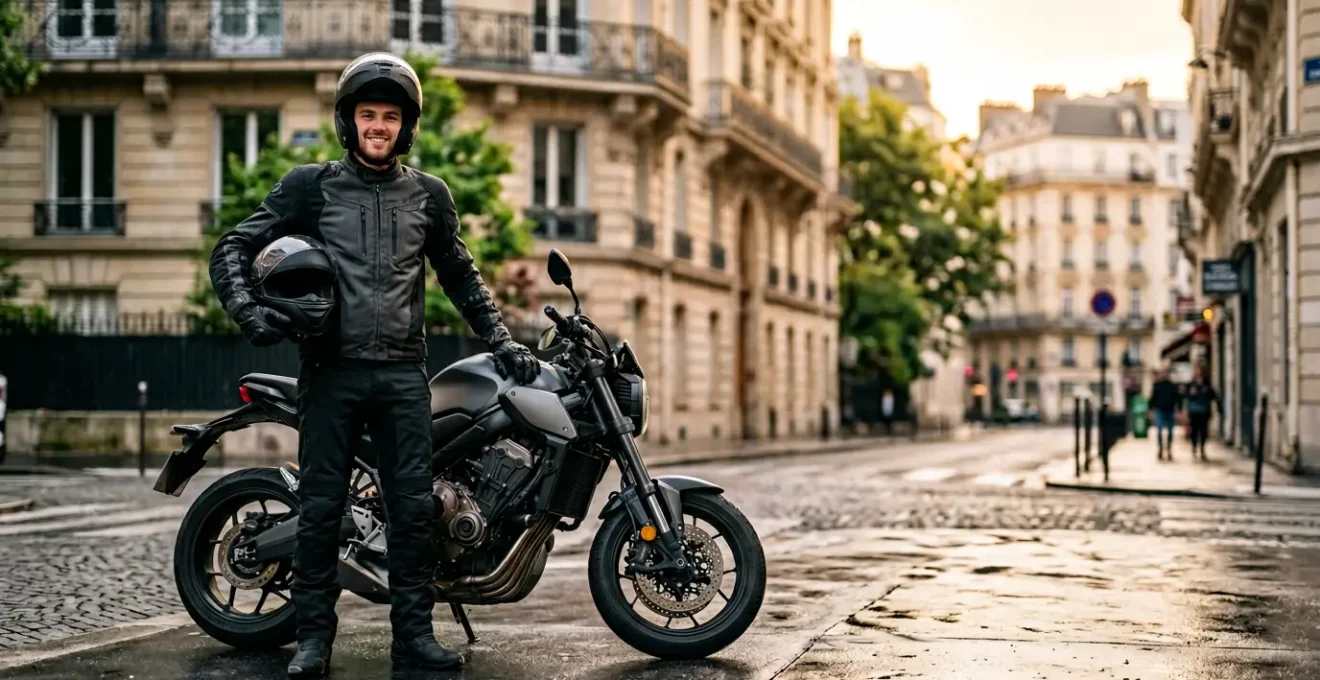 Jeune motard équipé debout à côté de sa première moto en environnement urbain français