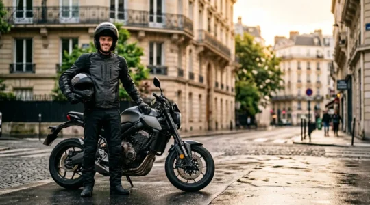 Jeune motard équipé debout à côté de sa première moto en environnement urbain français