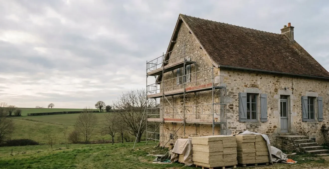 Maison ancienne française en cours de rénovation énergétique avec échafaudages