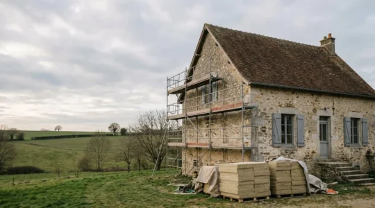 Maison ancienne française en cours de rénovation énergétique avec échafaudages