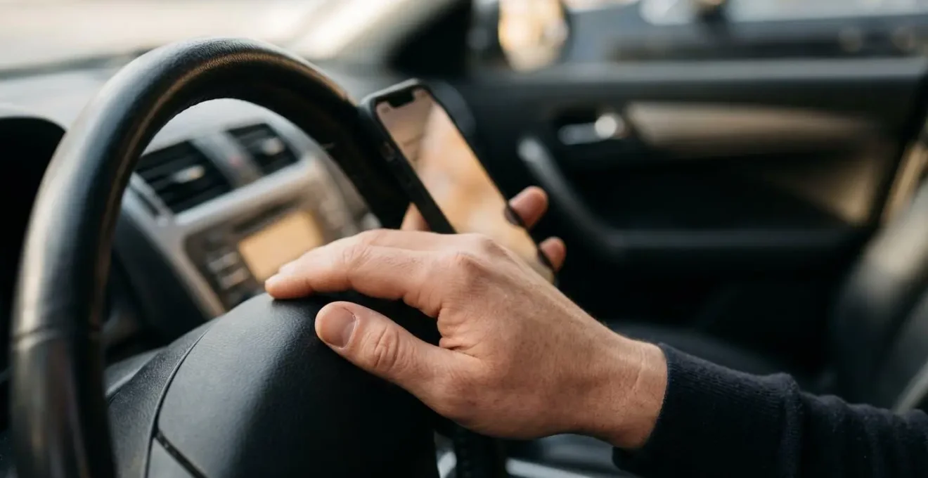 Conducteur consultant sereinement son Mémo Véhicule Assuré sur smartphone dans son véhicule