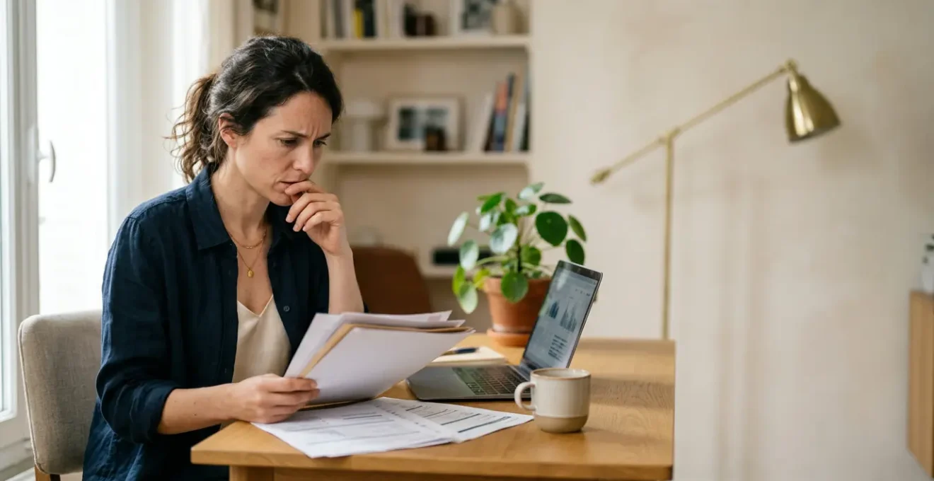 Professionnel indépendant évaluant des documents de santé dans un environnement de travail épuré