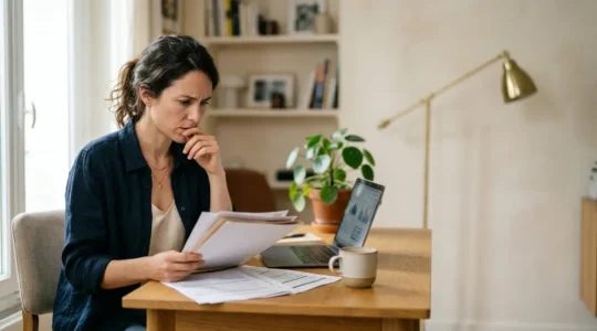 Professionnel indépendant évaluant des documents de santé dans un environnement de travail épuré