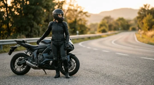 Motard en équipement de protection après accident de moto avec assurance
