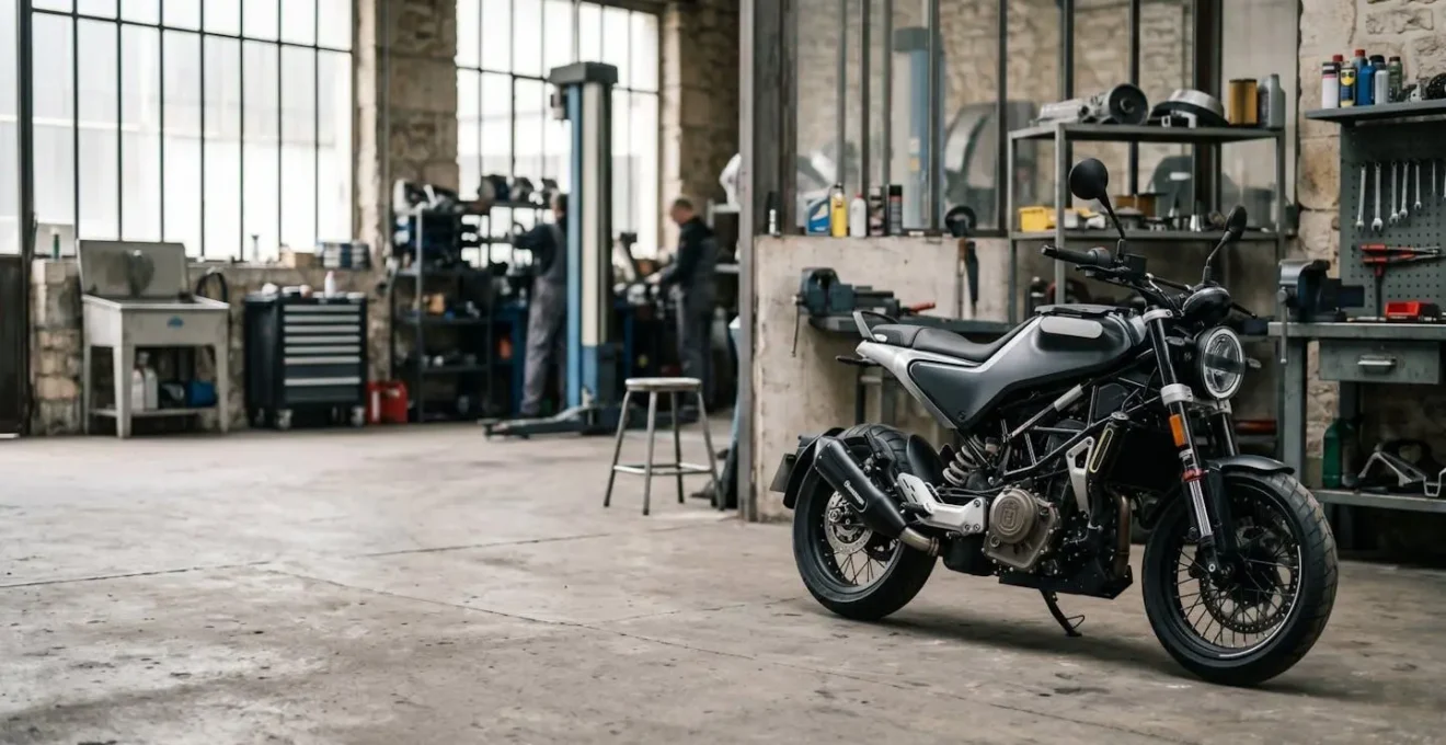 Vue environnementale d'une moto garée dans un atelier de réparation avec outils en arrière-plan flou