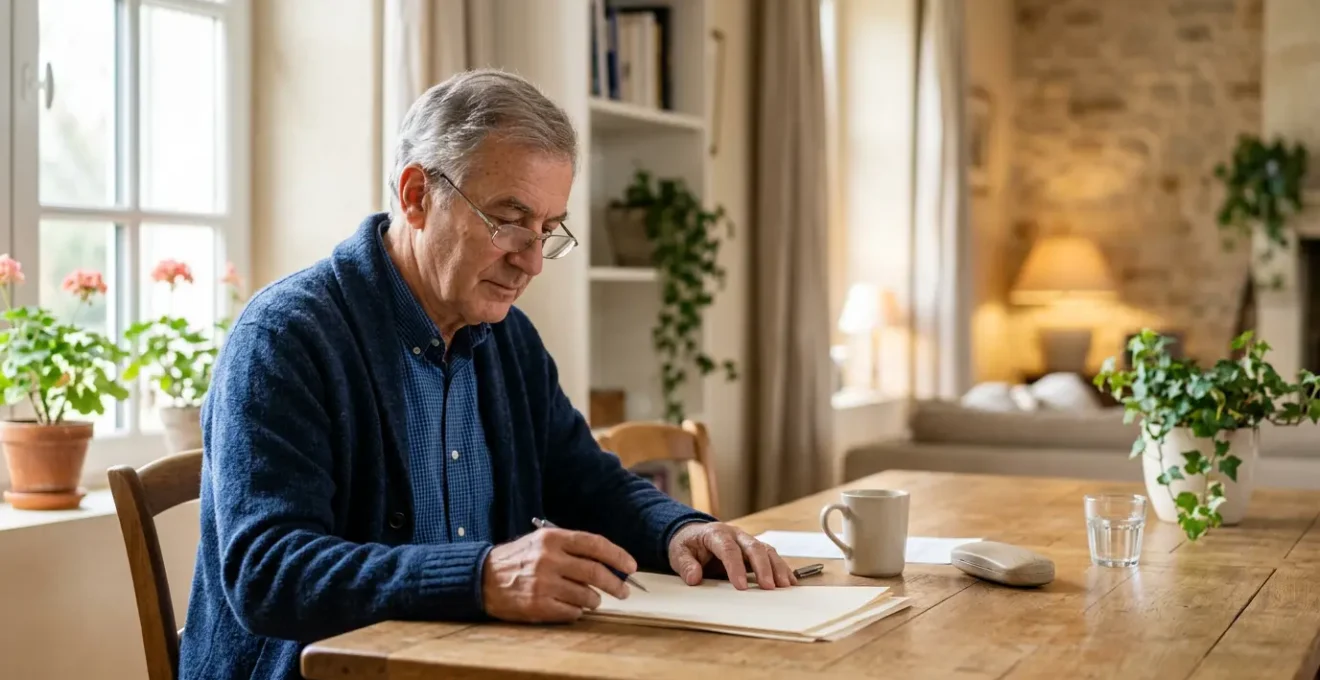 Personne senior consultant des documents d'assurance dans un intérieur chaleureux avec lumière naturelle