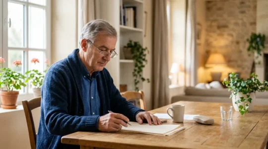 Personne senior consultant des documents d'assurance dans un intérieur chaleureux avec lumière naturelle