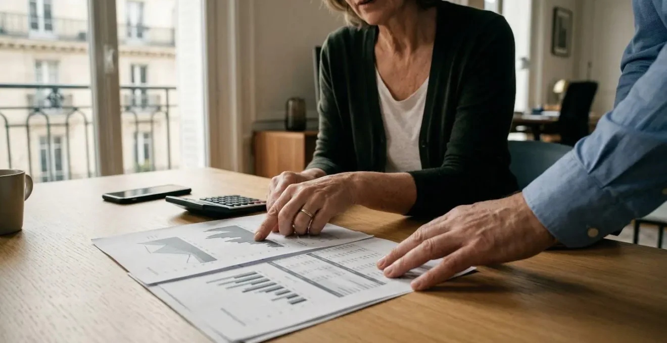 Professionnel consultant des documents d'assurance avec calculatrice et graphiques financiers dans un environnement de travail moderne