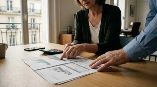 Professionnel consultant des documents d'assurance avec calculatrice et graphiques financiers dans un environnement de travail moderne