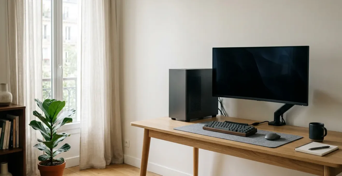 Espace de travail professionnel à domicile avec matériel informatique haut de gamme illustrant l'exclusion des garanties habitation